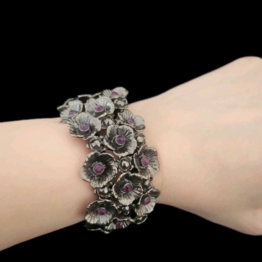 Dark Metal Stretch Cuff Elastic Ruby Floral Gothic Bracelet Goth Black Purple